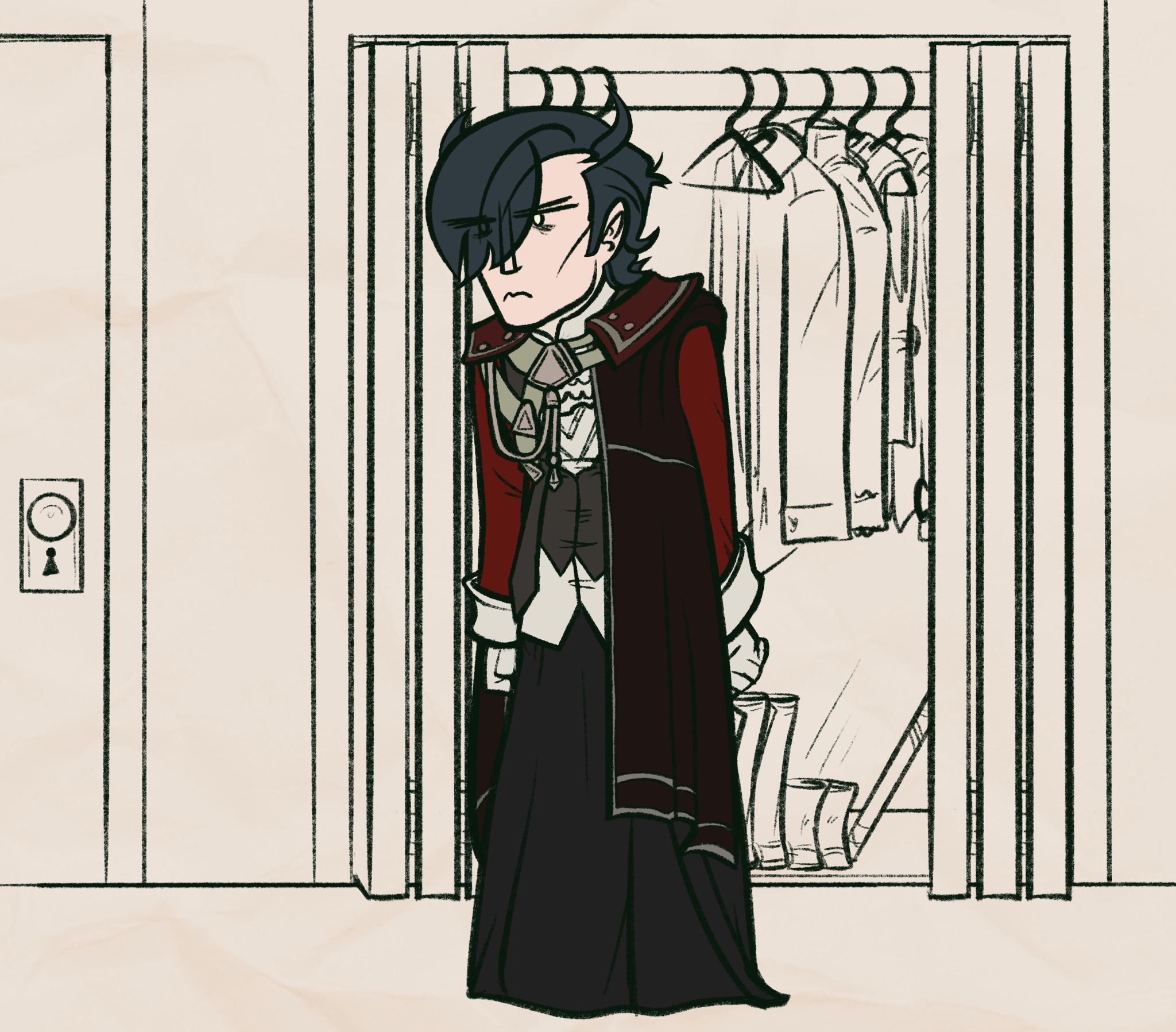 Digital drawing of post-timeskip Hubert von Vestra from Fire Emblem: Three Houses. Hubert is standing in front of his closet, having ostensibly just finished assembling his outfit for the day. For his shirt, he is wearing the servant attire from the DLC: a formal red suit jacket, black vest, and white shirt, with large white cuffs and white gloves. He is wearing the Plague Doctor robe skirt from the Fire Emblem 0 (Cipher) TCG. His cape is the dark red one from his Fire Emblem Warriors: Three Hopes post-timeskip outfit; it drapes over one shoulder and is fastened across his chest with a complex system of green straps and silver buckles. He is slouching and his expression is fairly neutral as he stands in front of his open closet.