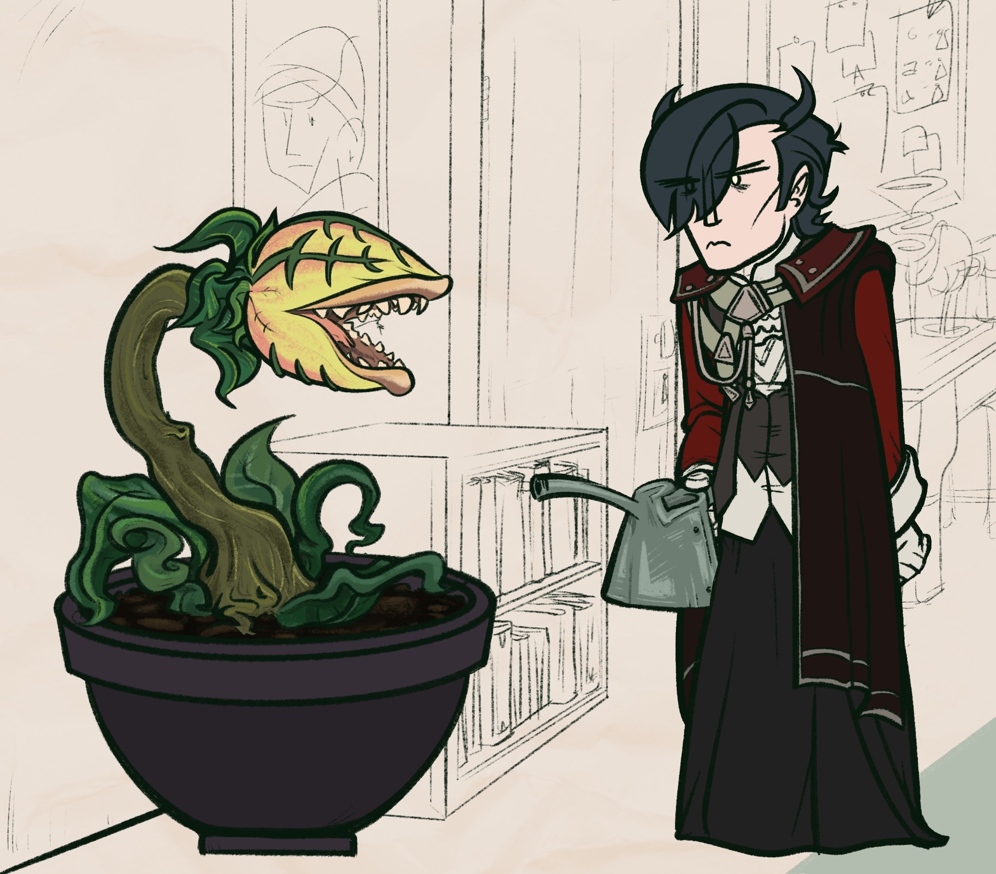 Drawing of Hubert in the outfit from the previous panel, standing in his bedroom. He is holding a watering can and hanging out next to an enormous carnivorous plant with large teeth and a gaping maw. It looks like Audrey II from Little Shop of Horrors.