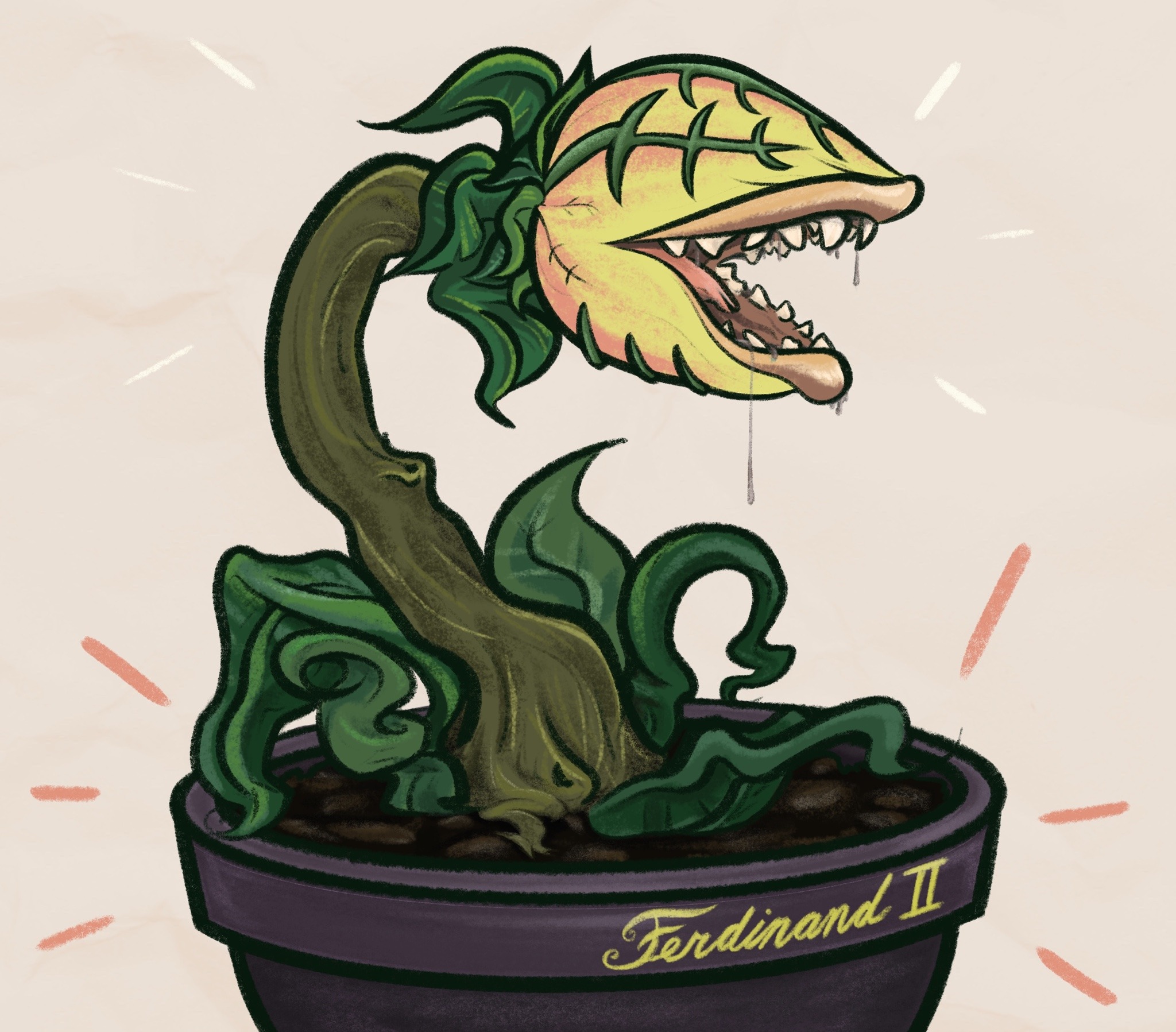 Digital drawing of an enormous carnivorous plant with large teeth and a gaping maw. It looks like Audrey II from Little Shop of Horrors. The label on its pot says, in fancy cursive writing, "Ferdinand II."