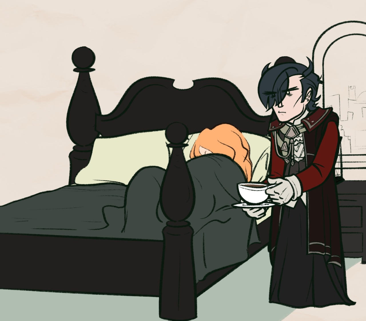 Digital drawing of post-timeskip Hubert von Vestra from Fire Emblem: Three Houses. He is standing in his bedroom and holding a steaming cup of tea, making a determined expression as he looks at his bed, where Ferdinand von Aegir is buried under the blankets and is snoozing away.