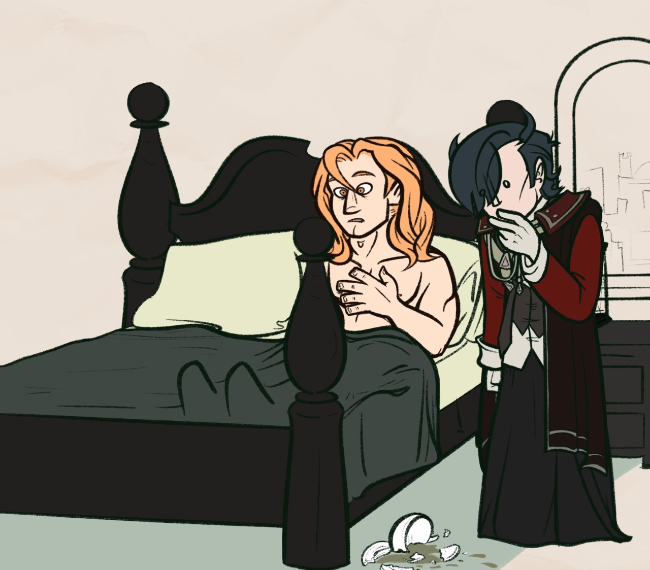 Hubert is standing next to his bed, but has dropped the teacup on the ground, where it has broken into pieces and spilled tea everywhere. Ferdinand is clutching his chest and looking frightened, while Hubert is posed with his hand on his chin, looking alarmed.