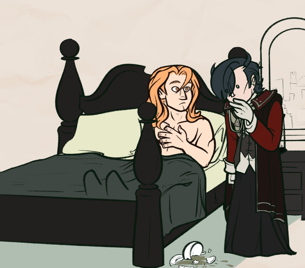 Digital drawing of post-timeskip Hubert von Vestra and Ferdinand von Aegir from Fire Emblem: Three Houses. Hubert is standing next to his bed, where Ferdinand is currently still tucked in. Both look alarmed and are staring down at a broken teacup and spilled mess of tea on the rug. Ferdinand is shirtless and wide-eyed as he clutches his chest, clearly having just awakened moments ago; Hubert looks blankly stunned, posed with his hand on his chin and his eyes wide.