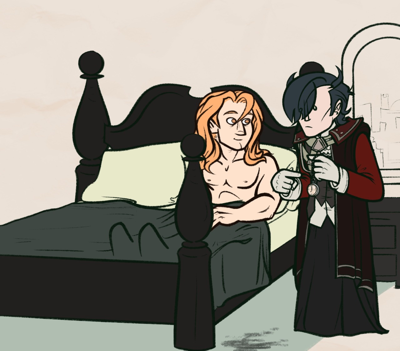 Digital drawing of post-timeskip Hubert von Vestra and Ferdinand von Aegir. They are in Hubert's bedroom; Hubert is standing next to his bed, while Ferdinand is apparently half-naked and tucked into the sheets. Ferdinand is smiling confidently at Hubert, who is pointing to his pocket watch with a somewhat concerned expression on his face.