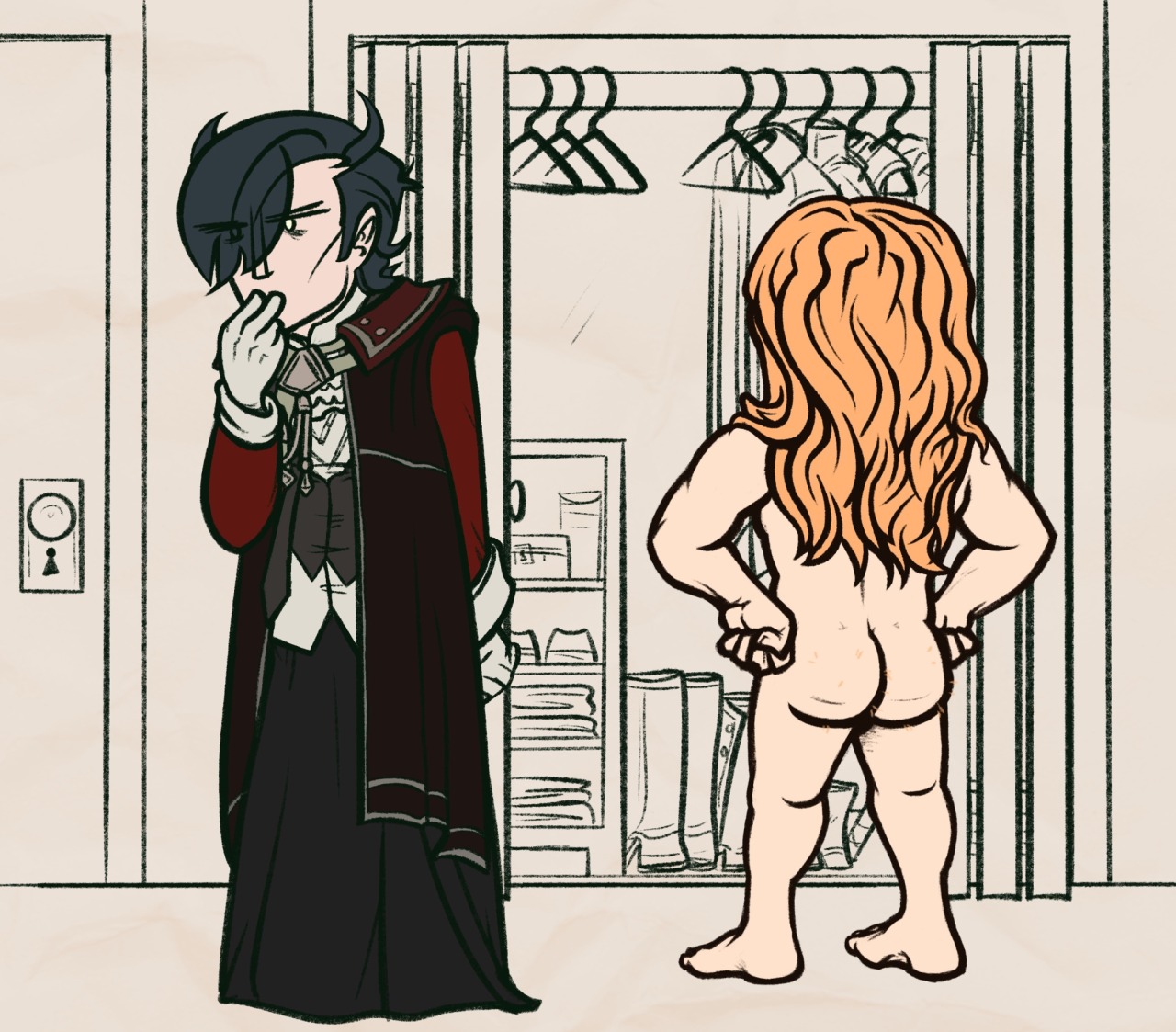 Digital drawing of post-timeskip Hubert von Vestra and Ferdinand von Aegir from Fire Emblem: Three Houses. They are standing in front of Hubert's closet in his bedroom. Hubert is turned away and ruminating with a hand on his chin. Ferdinand, stark naked, is studying Hubert's clothes.