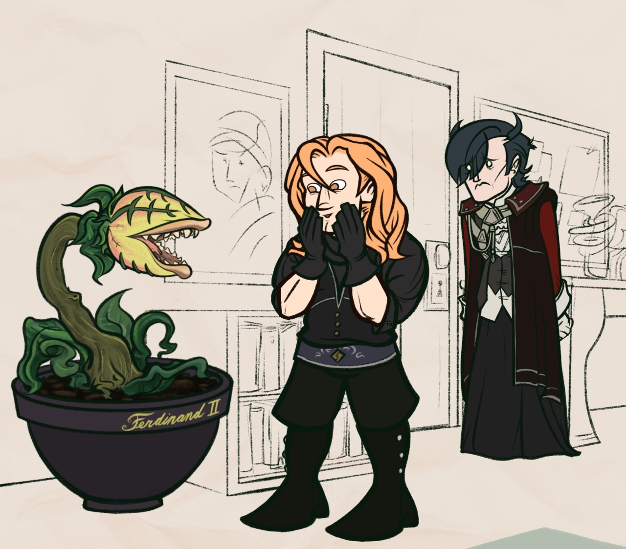 Digital drawing of Hubert von Vestra and Ferdinand von Aegir from Fire Emblem: Three Houses. They are standing near the door to Hubert's bedroom; Ferdinand is looking at Hubert's carnivorous plant, which is massive and has a nasty-looking gaping maw (resembling Audrey II from Little Shop of Horrors). The nameplate on the plant's pot reads 