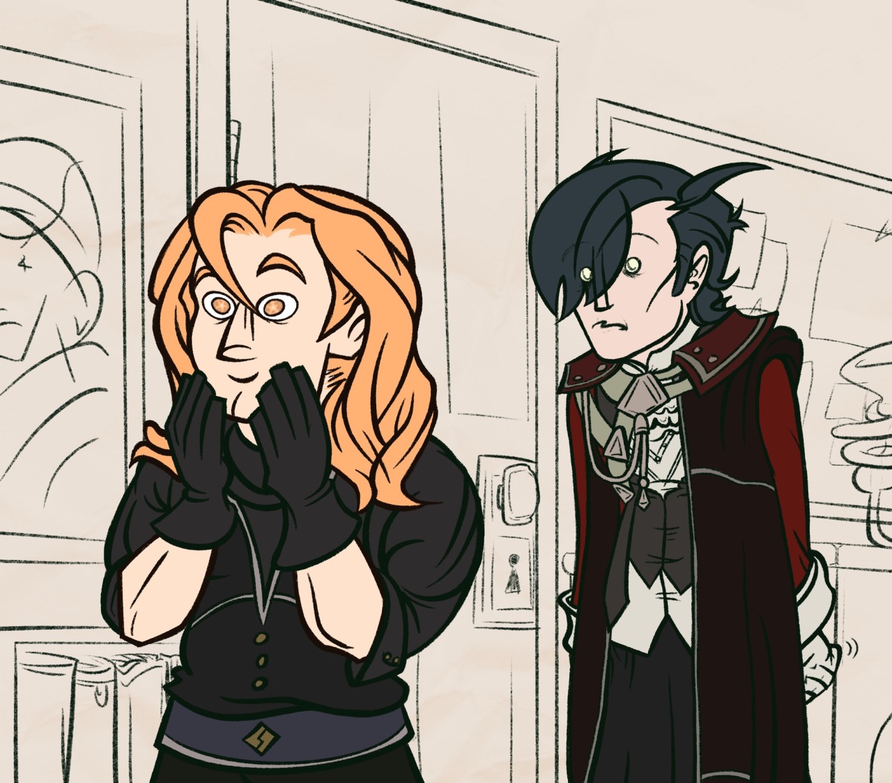 Digital drawing of Hubert von Vestra and Ferdinand von Aegir from Fire Emblem: Three Houses. They are standing near the door to Hubert's bedroom; Ferdinand has his hands on his cheeks and stars in his eyes. Hubert, meanwhile, from his position closer to the door, looks even more distressed and uncomfortable than he did in the previous comic, with his eyes wide and glassy, his devil horn-like hair pointed back like a scared dog's ears, and his mouth in a thin, wobbly line.