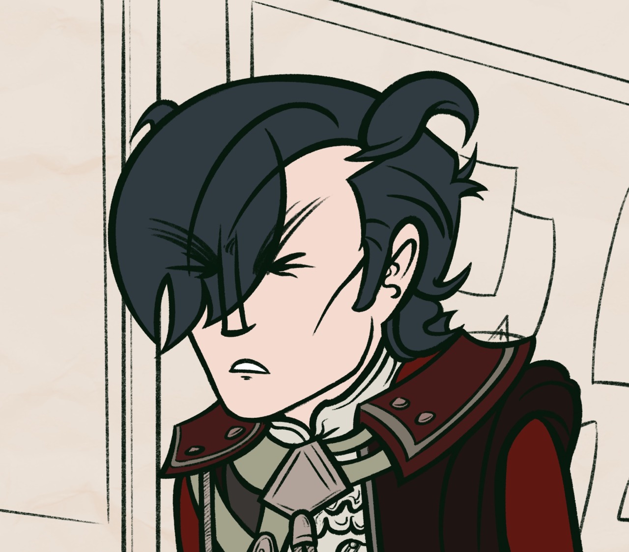 Digital drawing of Hubert von Vestra from Fire Emblem: Three Houses. He is making an extremely distressed face (that is an homage to John Egbert's expression on page 2 of Homestuck), and his devil-horn-like hair is curled downward in a further expression of distaste.