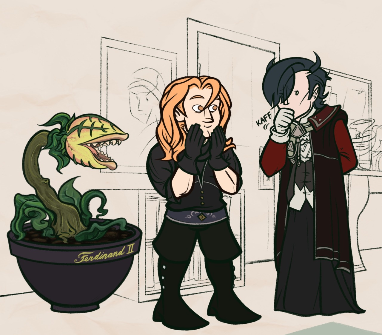 Continuation of the previous panel. Hubert is coughing politely into his fist to get Ferdinand's attention (although he's averting his eyes and has his other hand behind his back, looking rather shy). Ferdinand, still with his hands on his cheeks, has turned his back to Hubert's enormous carnivorous plant (Ferdinand II, à la Audrey II from Little Shop of Horrors) and is now looking at Hubert with a small smile on his face.