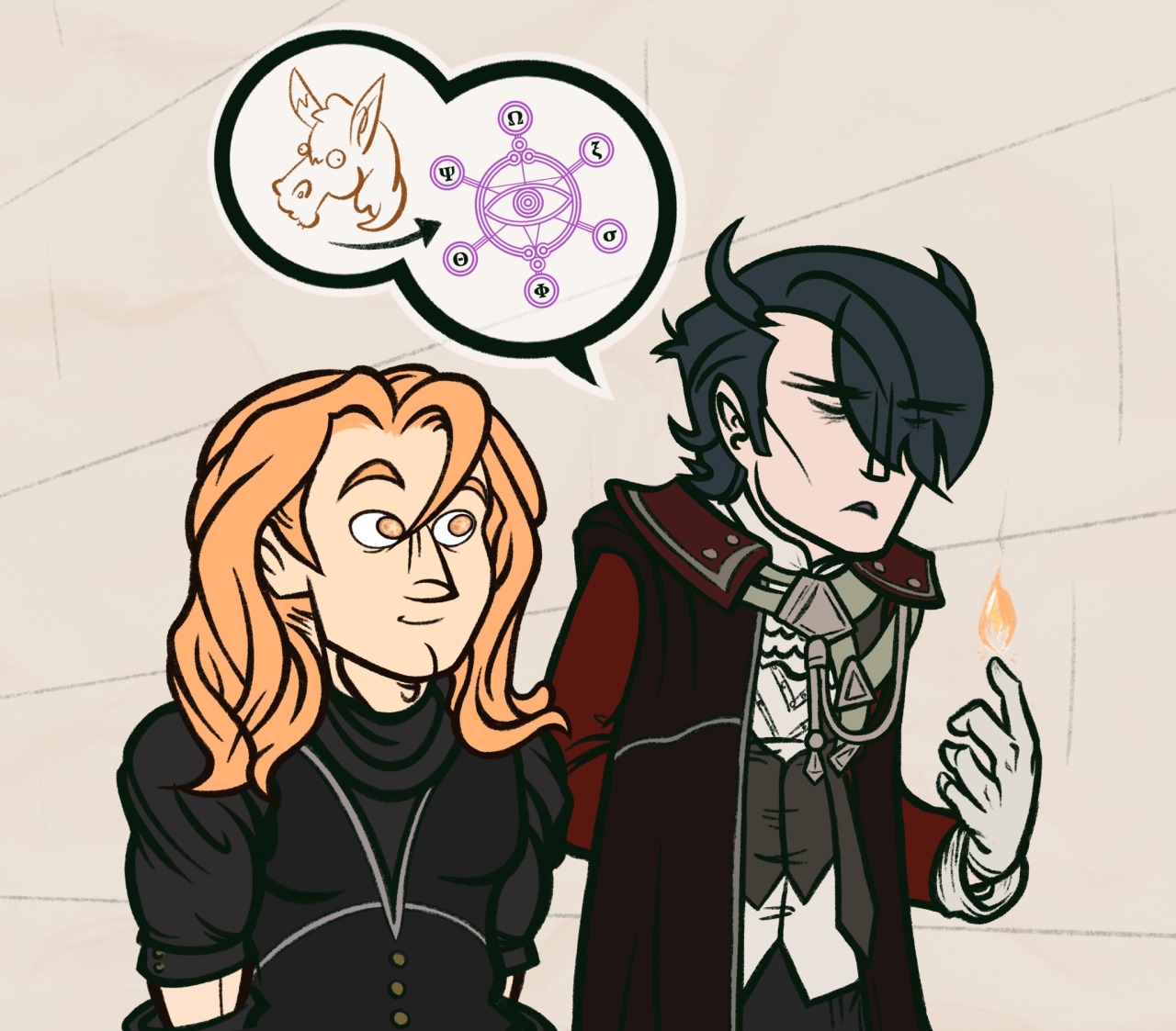 Digital drawing of post-timeskip Ferdinand von Aegir and Hubert von Vestra from Fire Emblem: Three Houses. They are walking side-by-side down a hallway, conversing—which is to say, Hubert is talking and Ferdinand is starry-eyed as he listens to him speak. A speech bubble from Hubert shows a picture of a horse, then an arrow pointing to a dark magic sigil from the game. Hubert is clearly very into the subject, eyes closed and waxing poetic, conjuring a tiny flame from his fingertip by way of demonstration.