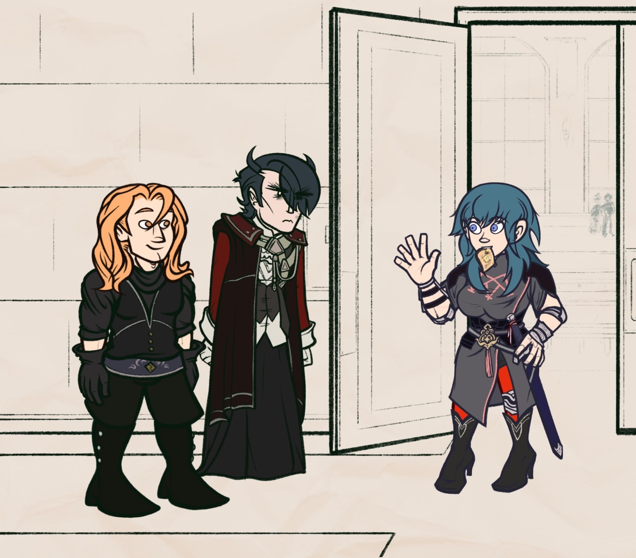 Continuation from the previous panel. Hubert has righted himself and moved away from the door, looking a tad worse for wear with a scuff on his face and deep bags under his eyes. Ferdinand is smiling at Byleth, who is waving back at them both, having somehow managed to inhale more of her toast without use of either of her hands.