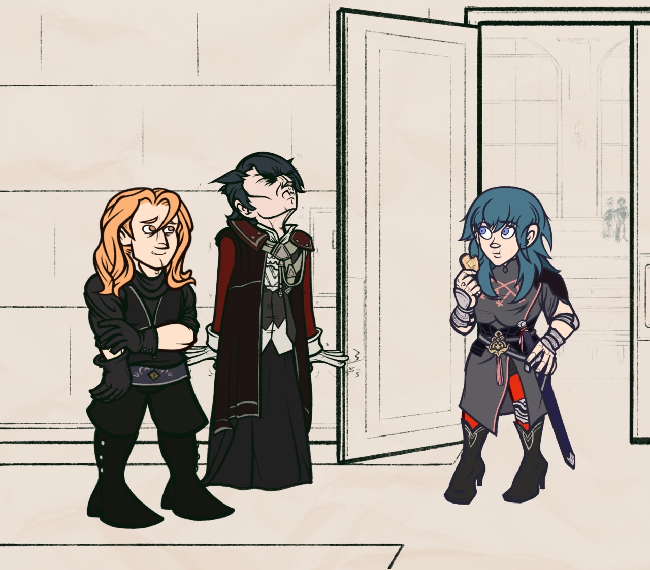 Digital drawing of post-timeskip Ferdinand von Aegir, Hubert von Vestra, and Byleth Eisner from Fire Emblem: Three Houses. They are standing just outside the entrance to the dining hall in Enbarr's palace, having a conversation. The conversation does not appear to be going well for hubert, who has pitched his head backward, is frowning tremendously hard, and has his arms rigidly at his side with his fingers flexed outward. The devil-horn-like spikes of his hair are pointed straight out to the side and he appears to be vibrating. Ferdinand, standing beside him, is looking sheepish as he holds his own arm at the elbow, glancing up at Hubert. Byleth is munching on toast, her face impassive apart from one slightly arched eyebrow as she looks at Hubert.