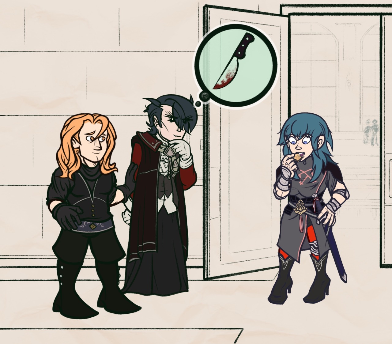 Direct continuation from the previous panel. A thought bubble above Hubert's head shows a bloody kitchen knife. This is comforting to Hubert, who has become much less rigid and is now thoughtfully stroking his chin with an eerie smile on his face. Ferdinand appears comforted by this development and is smiling gently at Hubert, putting a hand on his arm. Byleth, meanwhile, remains fully focused on cramming toast into her mouth.