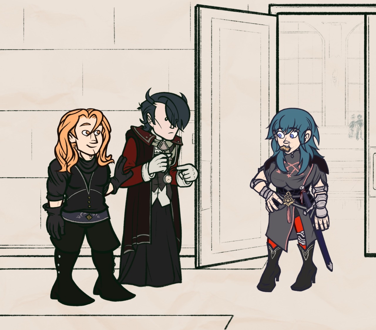 Direct continuation from the previous panel. Hubert is looking pointedly at Byleth and is pointing pointedly at his timepiece, a silver pocketwatch on a slim chain. Byleth once again is inhaling toast, but even around said toast, she has the barest indications of a cheerful expression on her face, with the corners of her eyes scrunched up and one side of her mouth drawn back. This is practically a grin for her. Ferdinand now looks relieved, smiling at Hubert and Byleth with his hand still on Hubert's arm.