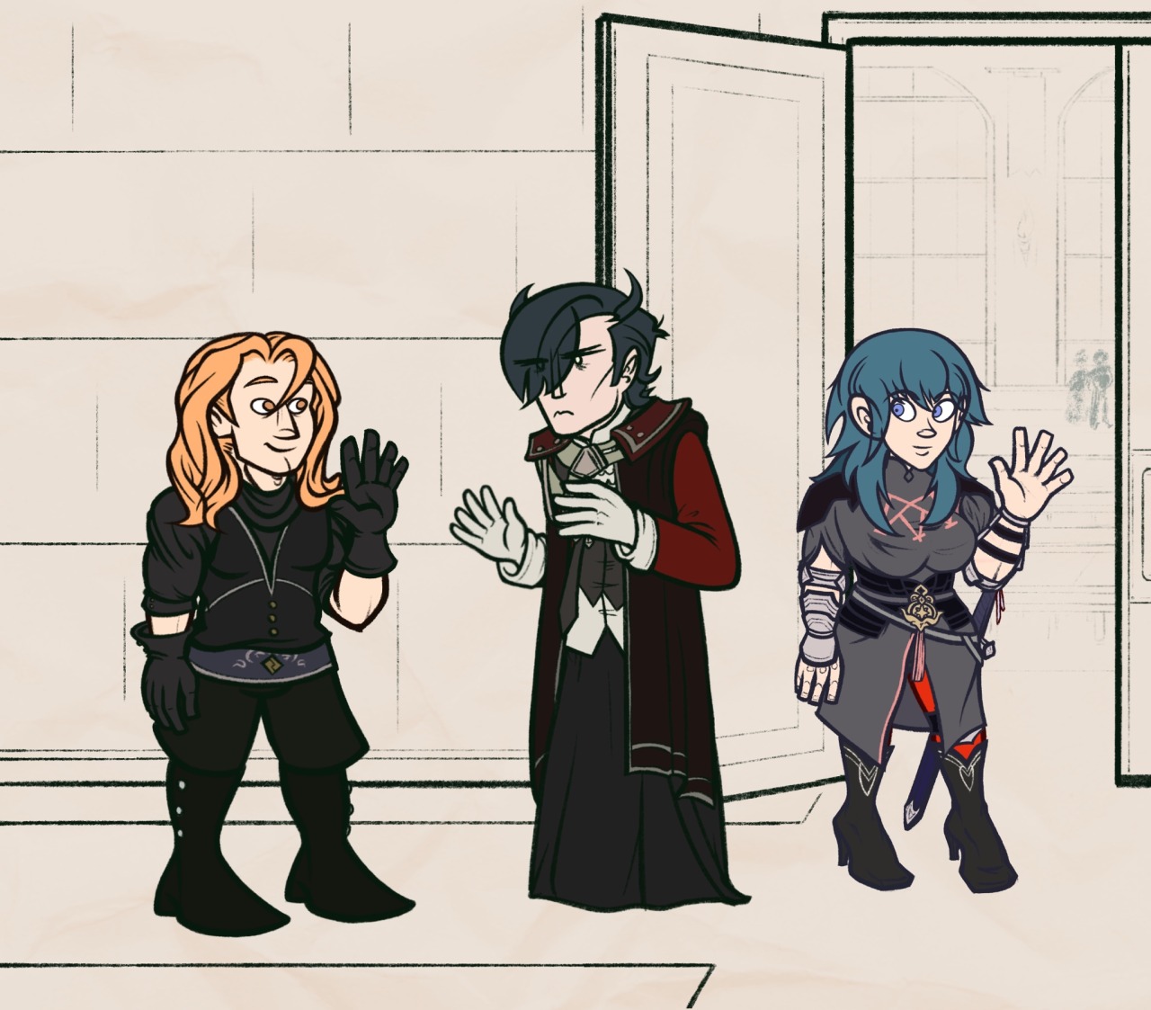 Direct continuation from the previous panel. Hubert has turned away from Byleth and is now facing Ferdinand again, his arms extended as though lecturing him. Byleth, taking the hint, is walking away with a glance back over her shoulder and a wave at Ferdinand, who waves back at her as he listens to Hubert rant.