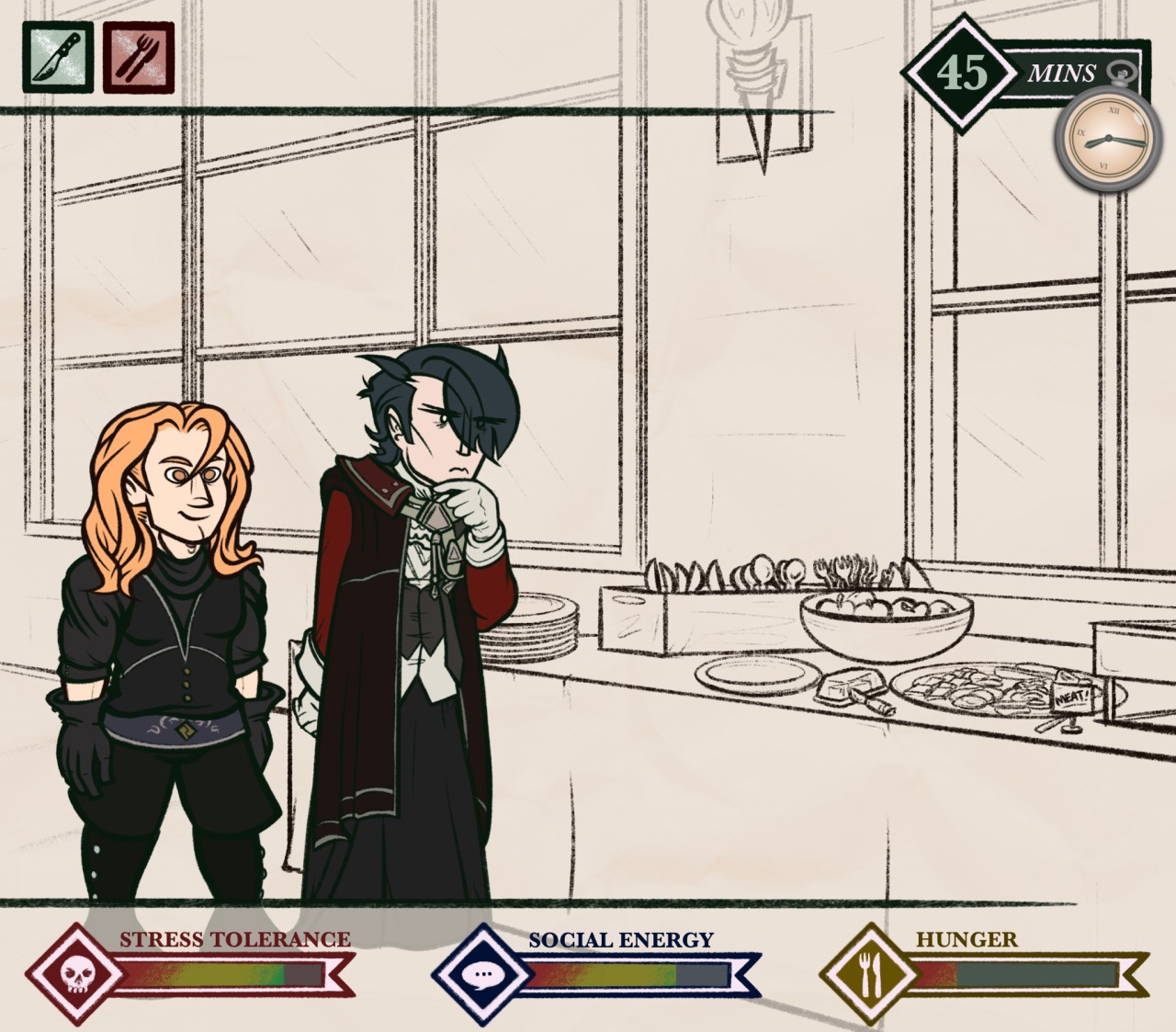 Digital drawing of Hubert von Vestra and Ferdinand von Aegir from Fire Emblem: Three Houses. They are standing in the Enbarr Palace dining hall in front of a long table bearing a bunch of breakfasty-looking foods. Ferdinand is chipper as always; Hubert is more contemplative as he scans the spread. Set above and below the lads is a UI with various stats. At the top, there is: a green icon of a knife labeled “Contemplating Murder”; a knife and fork icon labeled “Ravenous”; and Hubert's silver pocketwatch, currently set to 8:15 and labeled “45 minutes.” Along the bottom there are three meters: one with a skull icon labeled “Stress Tolerance,” set to 90/100; one with a chat bubble icon labeled “Social Energy,” set to 85/100; and one with a knife and fork labeled “Hunger,” set to 15/100.