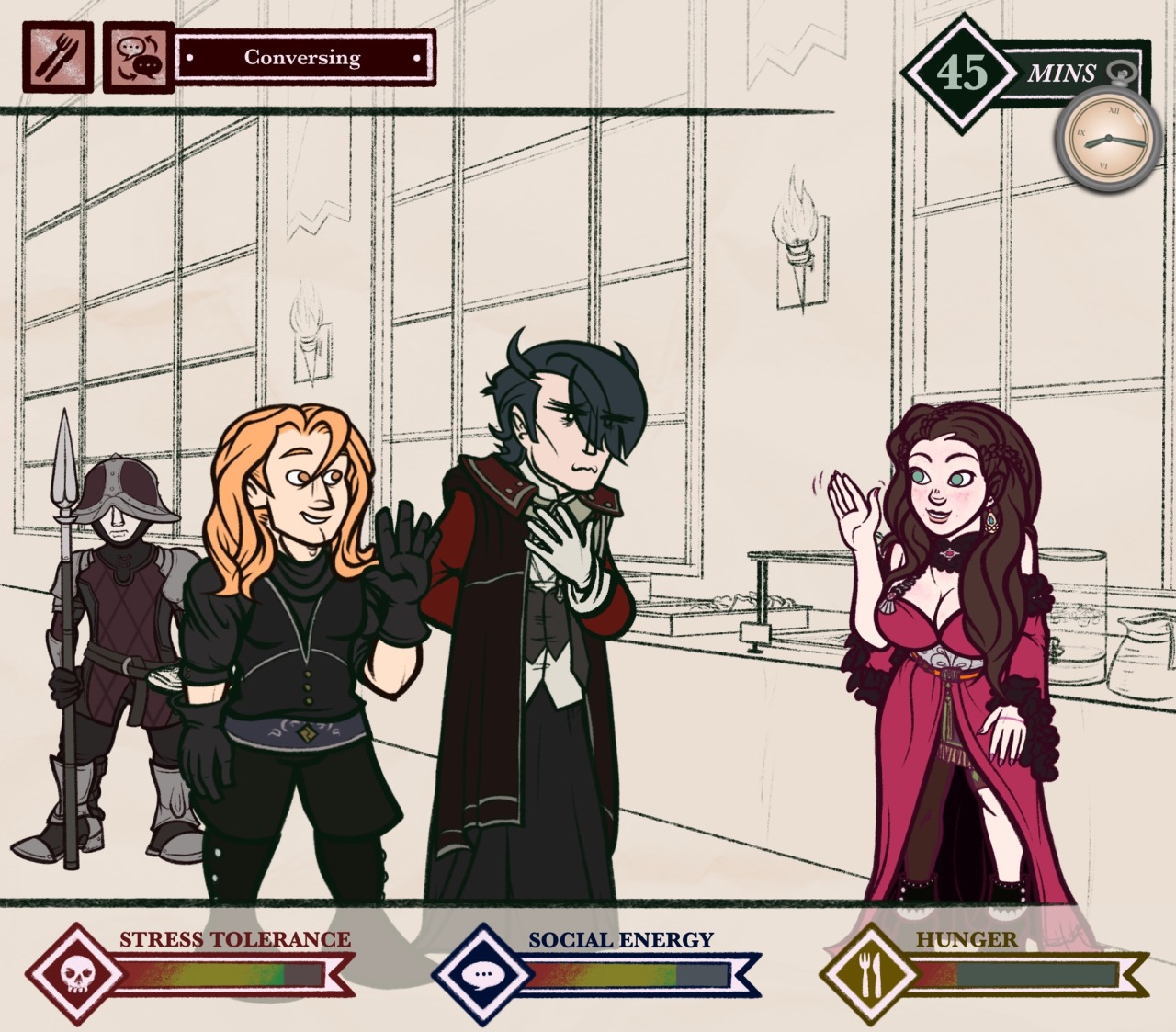 Digital drawing of Dorothea Arnault, Hubert von Vestra, and Ferdinand von Aegir from Fire Emblem: Three Houses. They are standing in the Enbarr Palace dining hall in front of a long table bearing a bunch of breakfasty-looking foods. Ferdinand and Dorothea are cheerfully waving to each other; Hubert is making a bold attempt at a genuine smile that makes him appear a bit constipated. Set above and below the lads is a UI with various stats. Set above and below the lads is a UI with various stats. At the top, there is: a green icon of a knife labeled “Contemplating Murder”; a knife and fork icon labeled “Ravenous”; and Hubert's silver pocketwatch, currently set to 8:15 and labeled “45 minutes.” Along the bottom there are three meters: one with a skull icon labeled “Stress Tolerance,” set to 90/100; one with a chat bubble icon labeled “Social Energy,” set to 85/100; and one with a knife and fork labeled “Hunger,” set to 15/100.