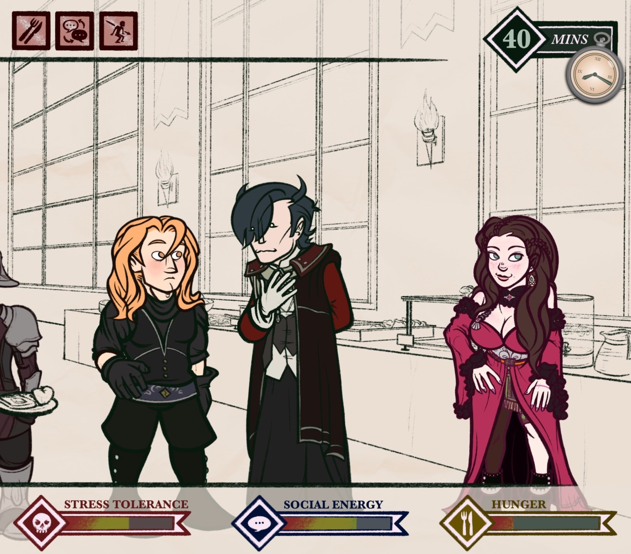 Digital drawing of Dorothea Arnault, Hubert von Vestra, and Ferdinand von Aegir from Fire Emblem: Three Houses. They are standing in the Enbarr Palace dining hall in front of a long table bearing a bunch of breakfasty-looking foods. While a too-smug Dorothea stands by, rolling her eyes, Ferdinand blushes and glances at Hubert, whose awkward smile is so tight that it looks like he might choke or have a heart attack. Set above and below the picture is a UI with various stats. At the top, there is: a red knife and fork icon labeled &ldquot;Ravenous&rdquot;; a red icon of two chat bubbles labeled &ldquot;Conversing&rdquot;; a red icon of a man being pierced through the heart by a spear labeled &ldquot;Exposed&rdquot;; and Hubert's silver pocketwatch, currently set to 8:20 and labeled &ldquot;40 minutes.&rdquot; Along the bottom there are three meters: one with a skull icon labeled &ldquot;Stress Tolerance,&rdquot; set to 55/100; one with a chat bubble icon labeled &ldquot;Social Energy,&rdquot; set to 65/100; and one with a knife and fork labeled &ldquot;Hunger,&rdquot; set to 15/100.