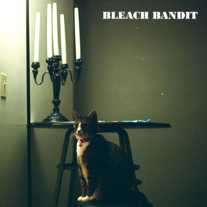 Album cover for BLEACH BANDIT's self-titled EP. The cover is a green-gray, moody picture of a corner of a living room. A tabby cat sits on a stool at a tall table, which bears a candelabra.